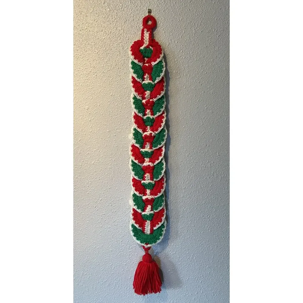 Handmade Crocheted Christmas Bell Santa Wall Hanging 31” Vintage Holiday Kitsch